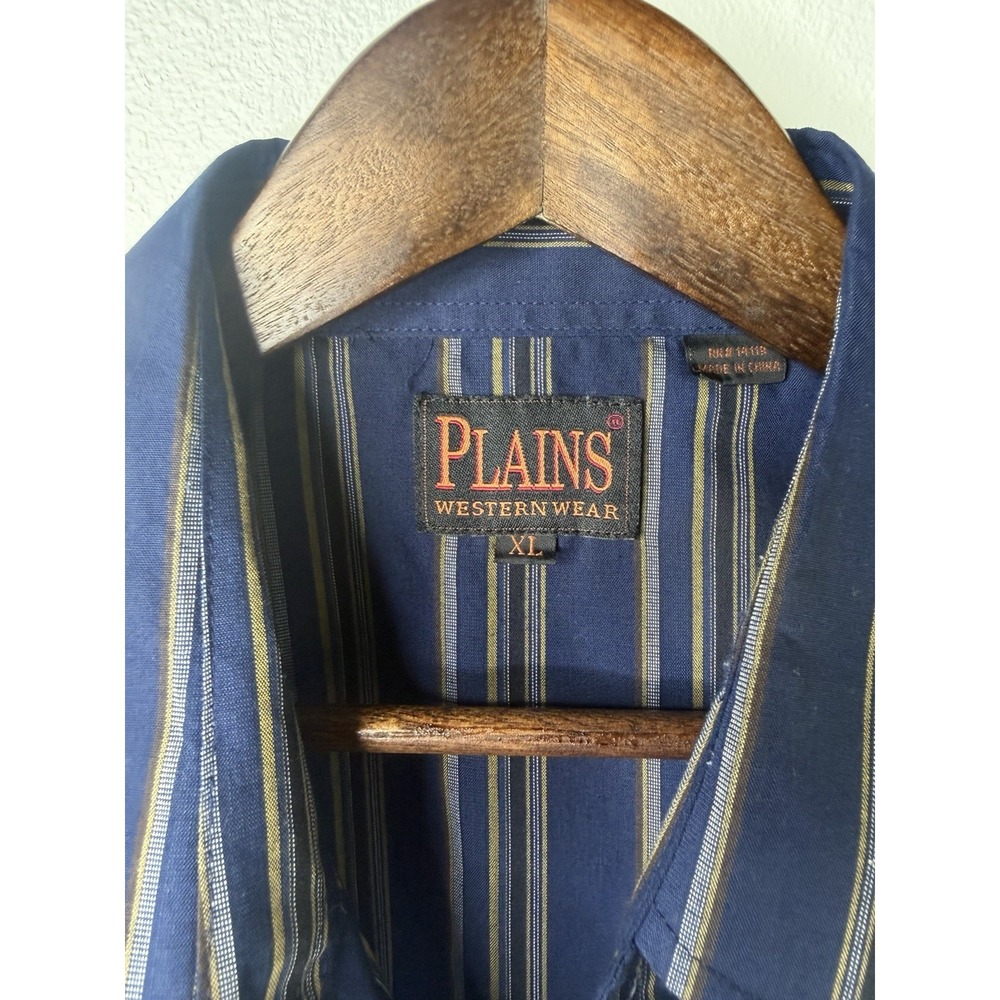 Plains Western Wear Pearl Snap Button Front Shirt Men's XL Blue Yellow Striped - Picture 2 of 3